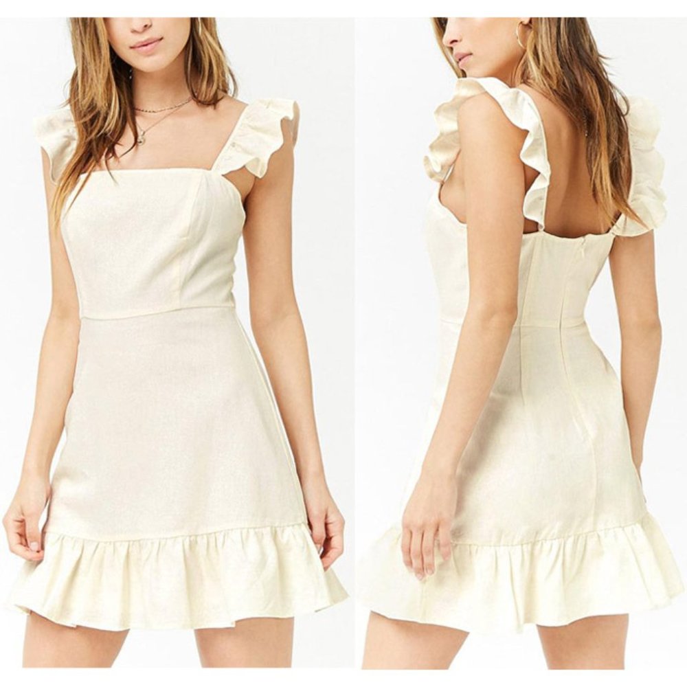 NEW Cream Ivory Ruffle Linen Blend Cute Mini Dress